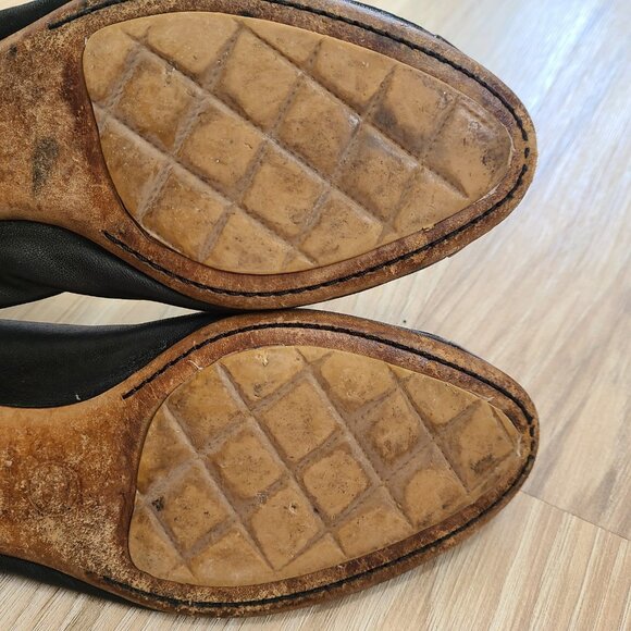 Chanel Ballet Flats 37.5 CC Logos Black Patent Cap Toe Pink Shine Elastic Trim - Picture 9 of 10